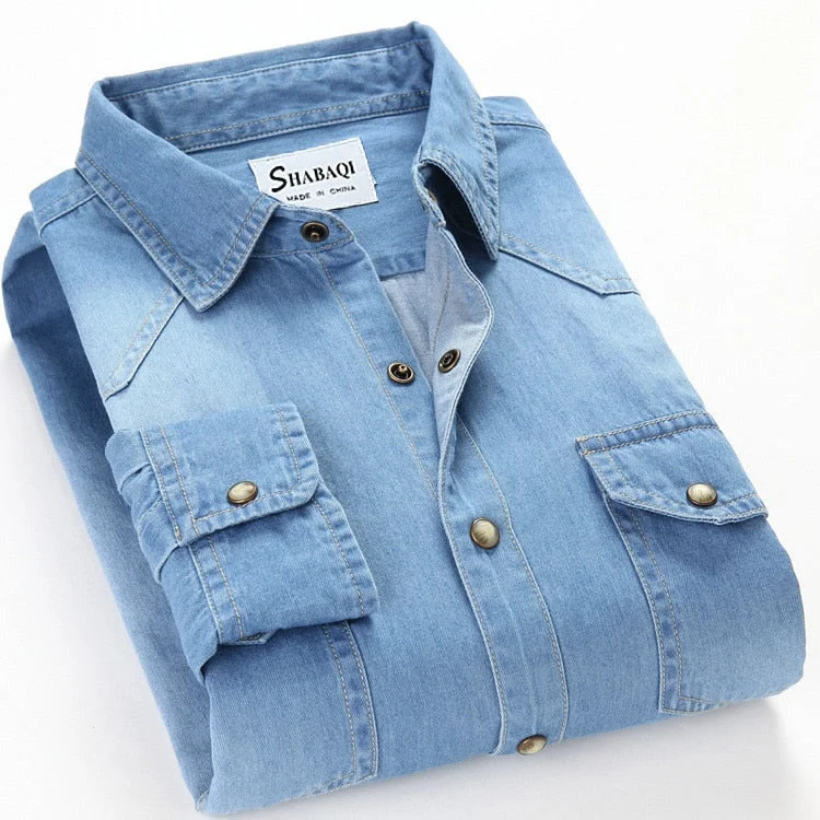Inongge Men's Slim Denim Shirt Spring Luxury High Quality Cotton Square Collar Pocket Button Fashion Long Sleeve Jeans Shirt