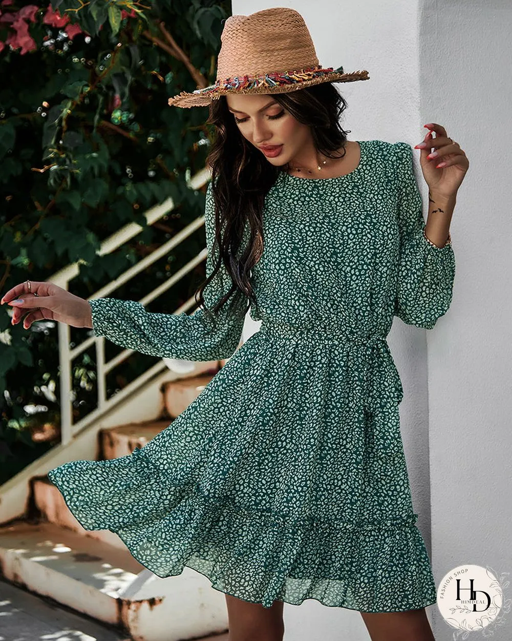 Round Neck Long Sleeve Floral Wrap Tie Waist Mini Dress