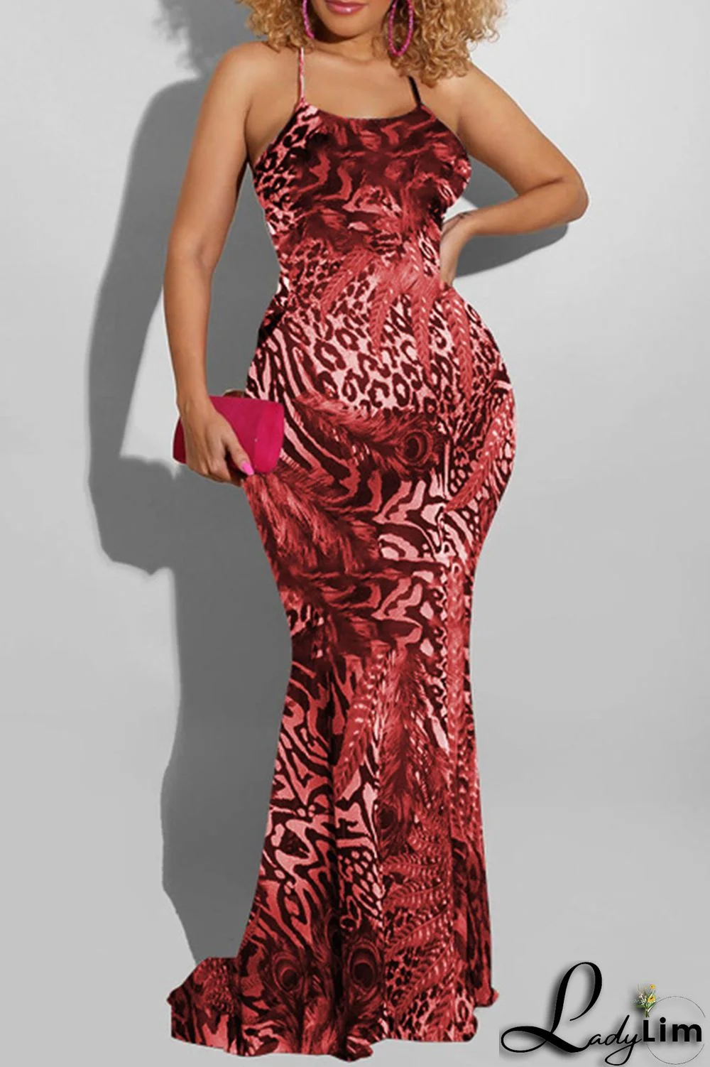 Red Fashion Sexy Print Backless Cross Straps Spaghetti Strap Long Dress