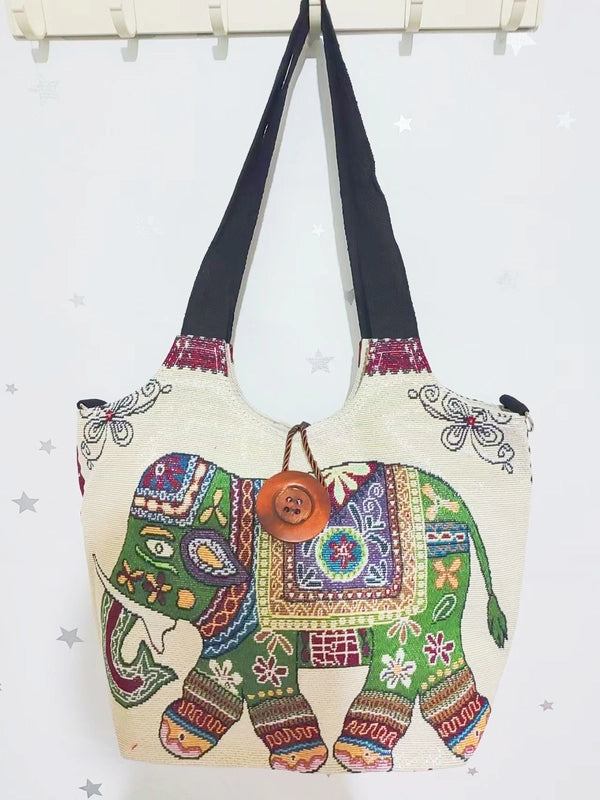 Women’s Large Canvas Elephant Ethnic Style Square Zipper Shoulder Bag