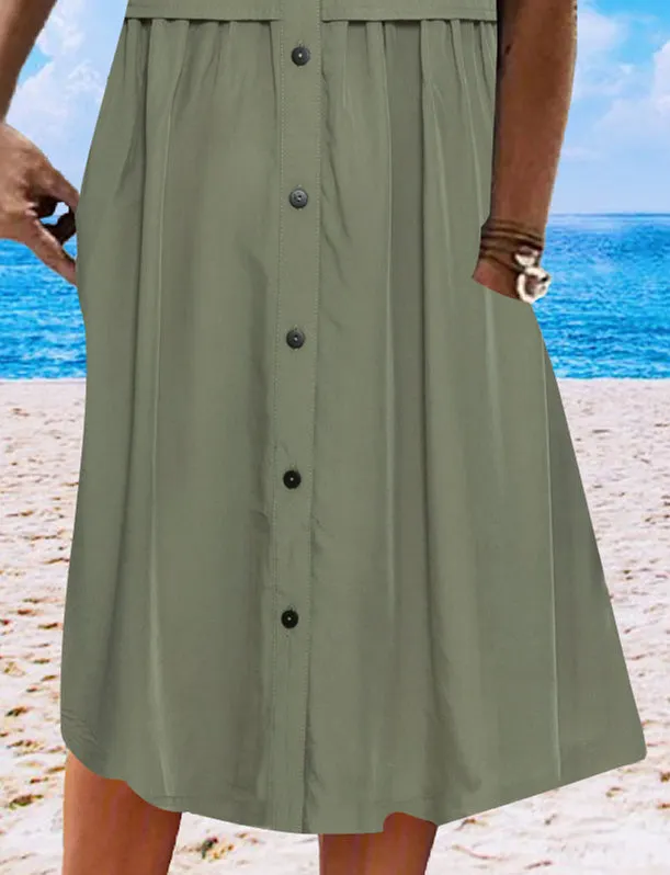 Women's Green Sleeveless V-neck Buttons Midi Dress