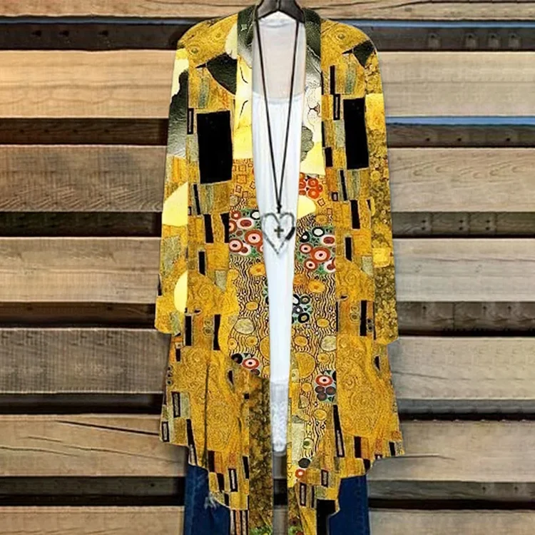 Gustav Klimt Oil Painting Flower Print Casual Cardigan