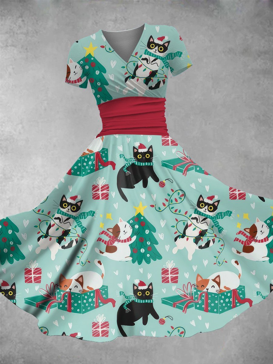 Women's Vintage Poppy and Cat Art Print V-Neck Maxi Dress