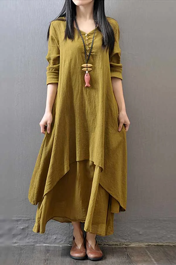 Vintage Women Casual Loose Dress Solid Long Sleeve Boho Ethnic Long Maxi Dresses