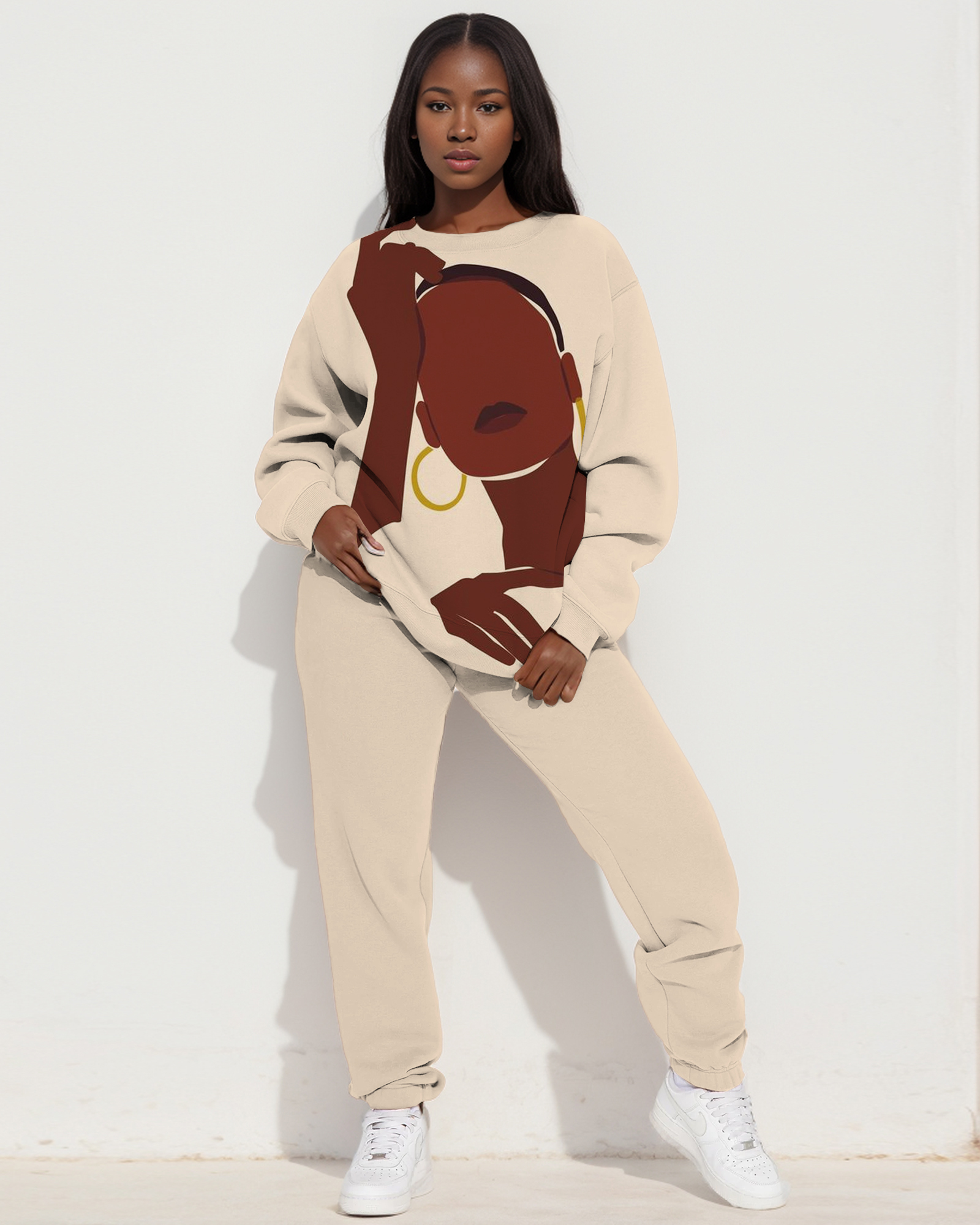 Black Girl Face Art Print Sweatshirt Two Pieces Set