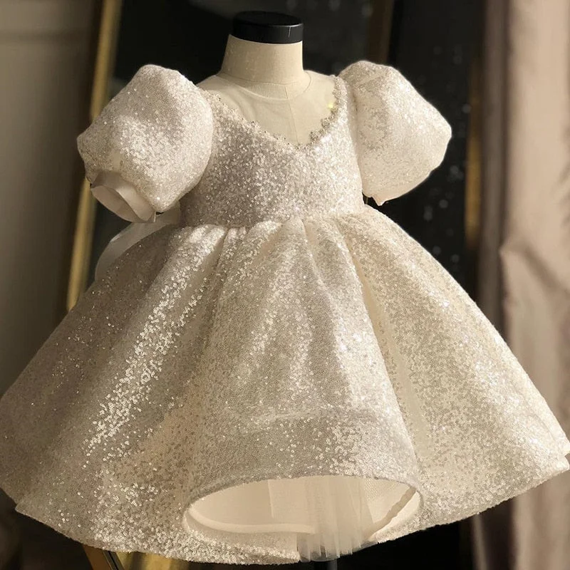 New Sequins White Dress for Girl Baptismal Party Infant Dresses Birthday Evening Outfit Big Bow Princess Wedding Baby Girl Dress