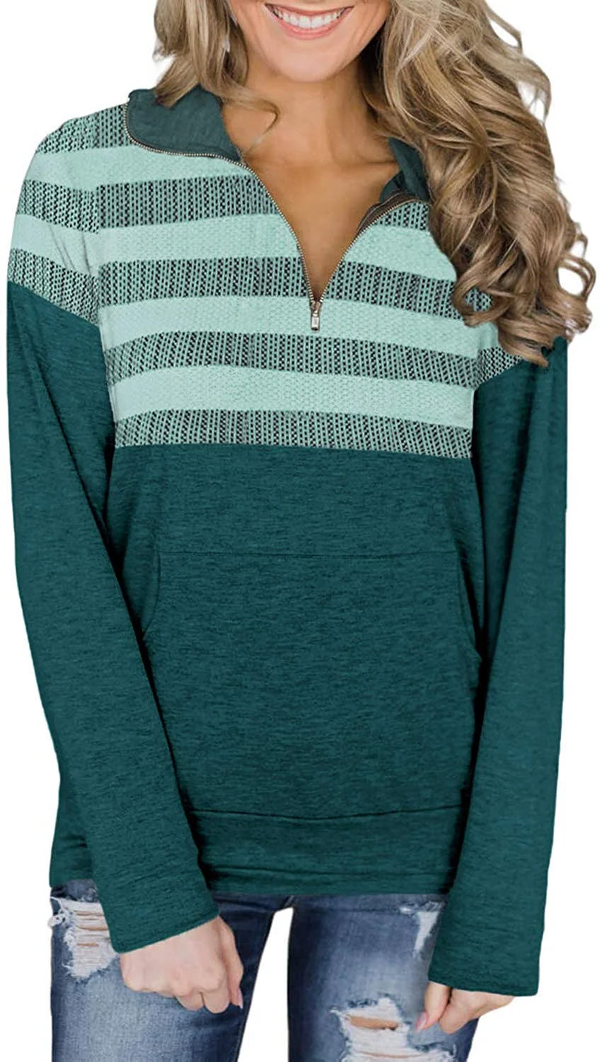 Women Sweatshirt Tops Quarter Zip Color Block Pullover Sweatshirt Tops with Pockets