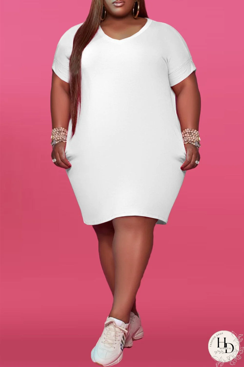 Red Fashion Casual Plus Size Solid Basic V Neck Short Sleeve Dress