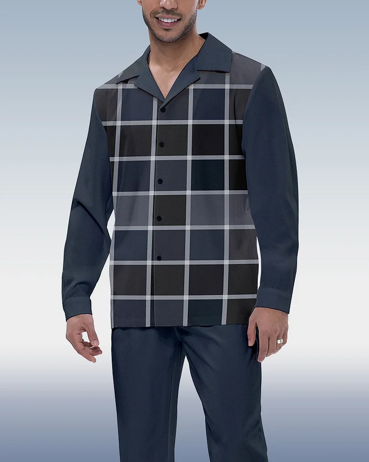 Suitmens Navy Blue Plaid Long Sleeve Walking Suit