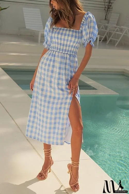 MidiSono - Plaid Square Neck Slit Dress