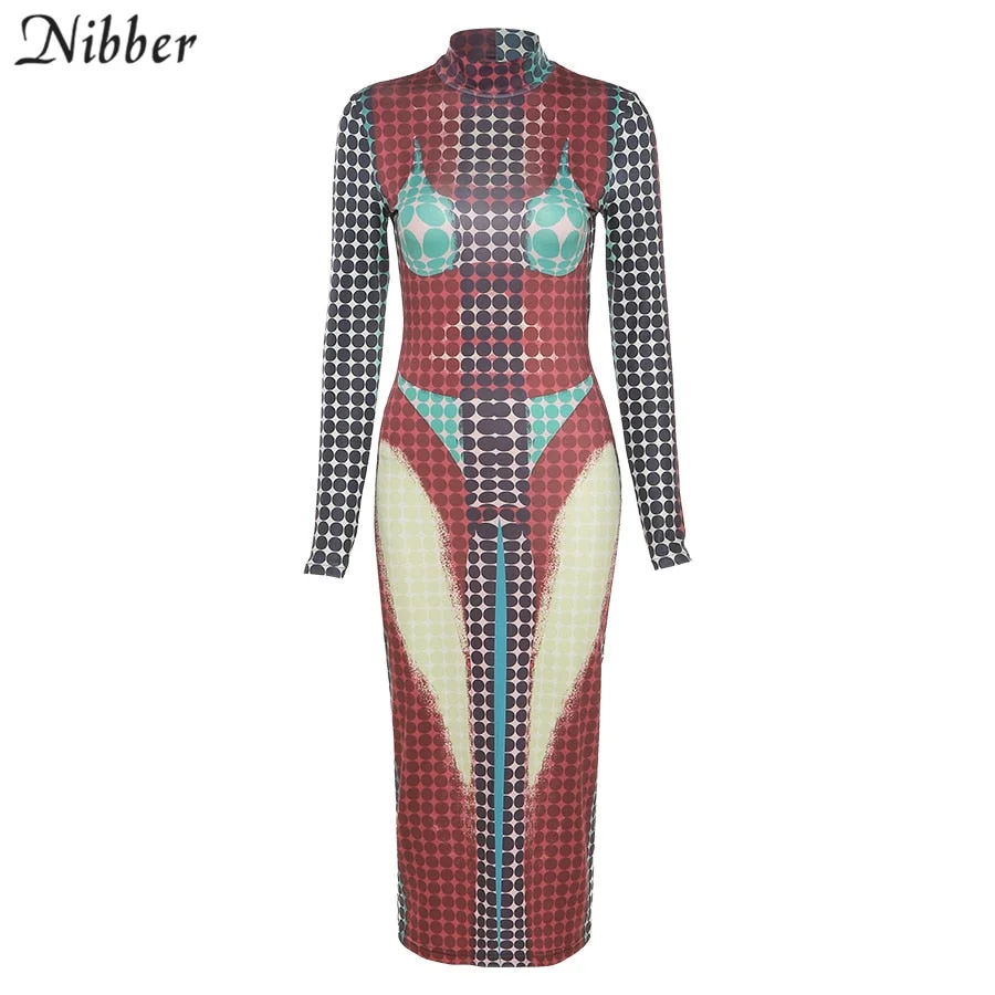 NIBBER Contrast Trend Skinny Women Bodycon Long Sleeve Aesthetic Print Maxi Dress Turtleneck Fitness Stretchy Slim Clubwear2021