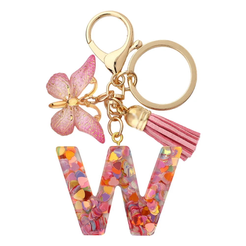Resin Initial Letter Keychains Alphabet Letter Keychain Pink Tassel Butterfly Key Ring