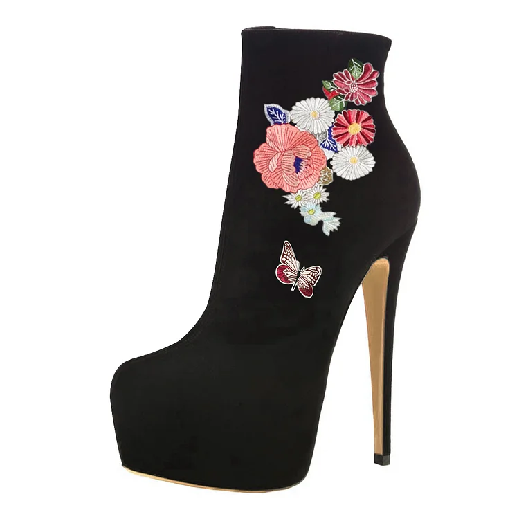 Black Platform Boots Floral-print Suede Ankle Boots by FSJ |FSJ Shoes