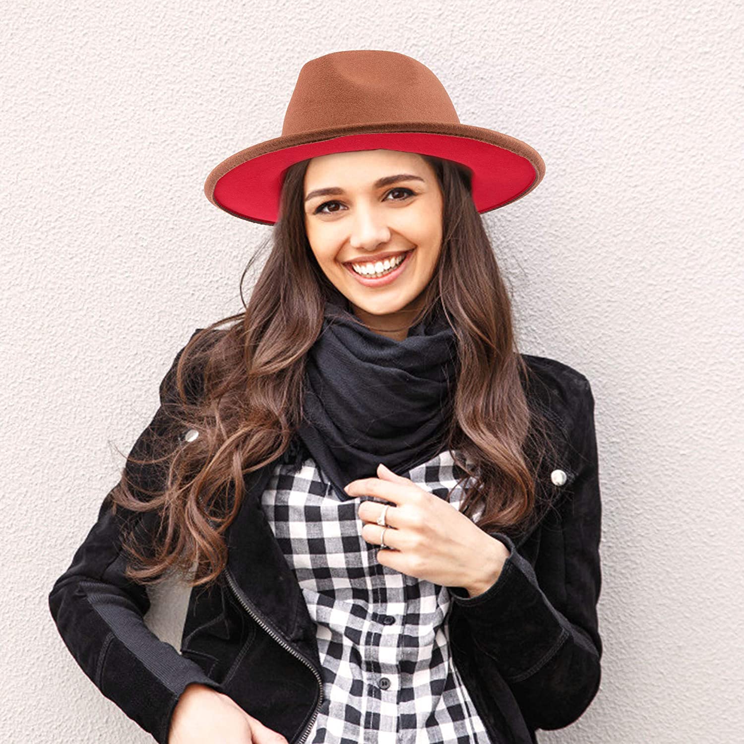 Two Tone Red Bottom Wide Brim Wool Felt Fedora Hat 