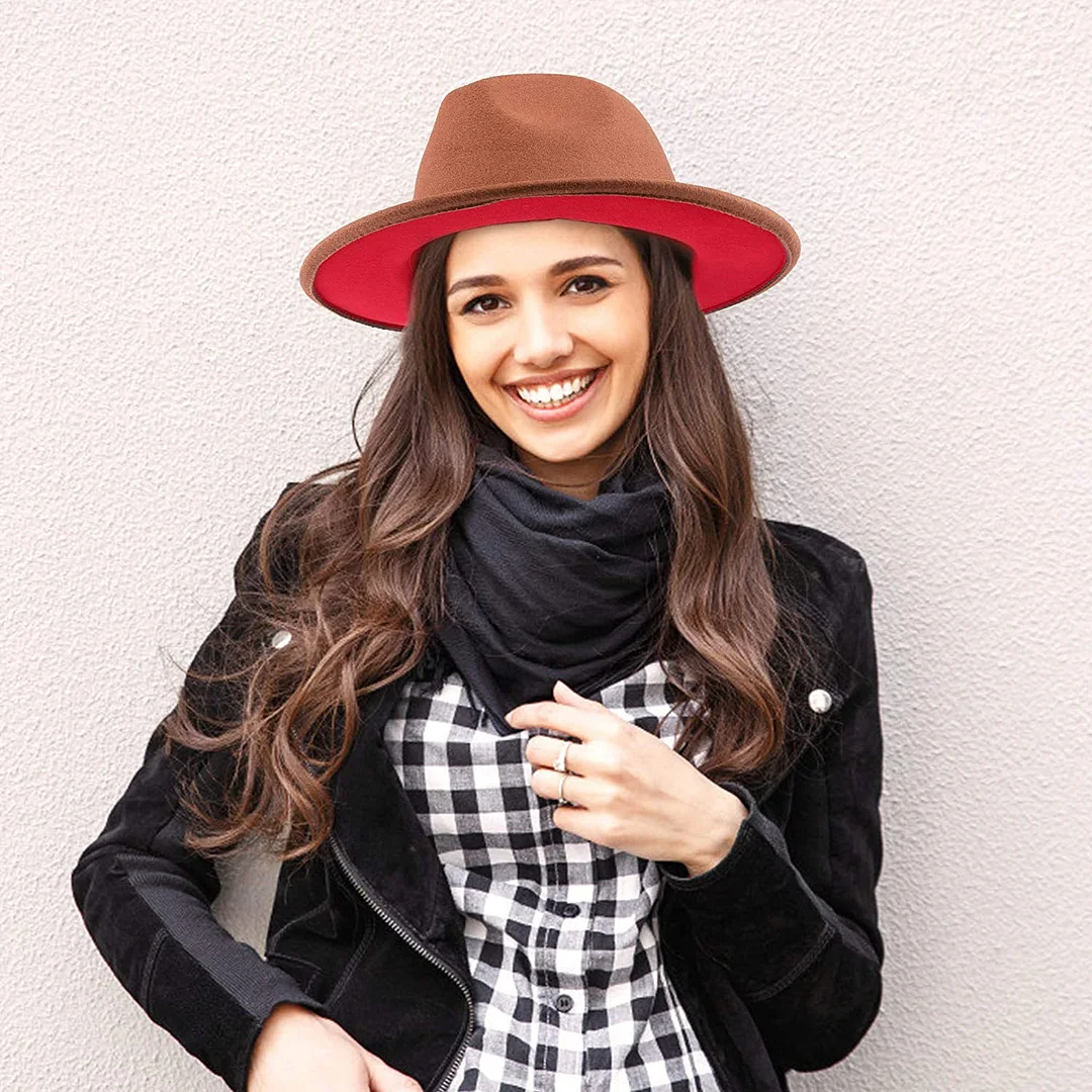 Two Tone Red Bottom Wide Brim Wool Felt Fedora Hat 