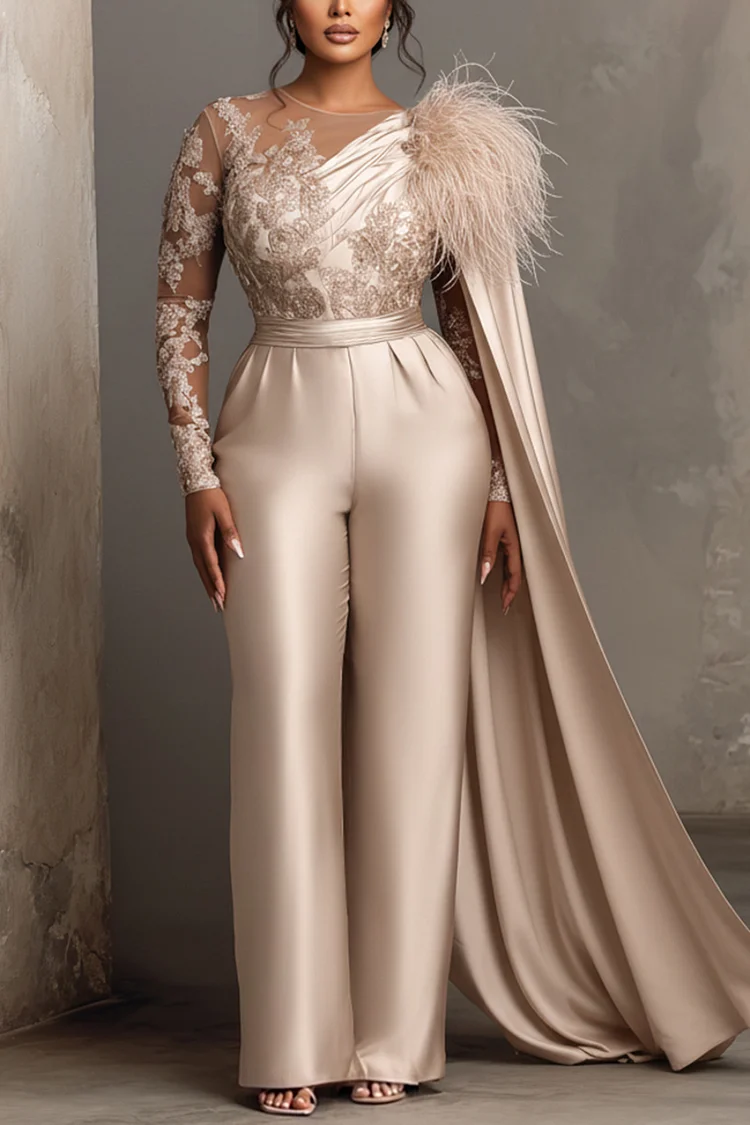 Xpluswear Design Plus Size Formal Lace Champagne Round Neck Long Sleeve Feather Elegant See Through Satin Jumpsuits [Pre-Order]