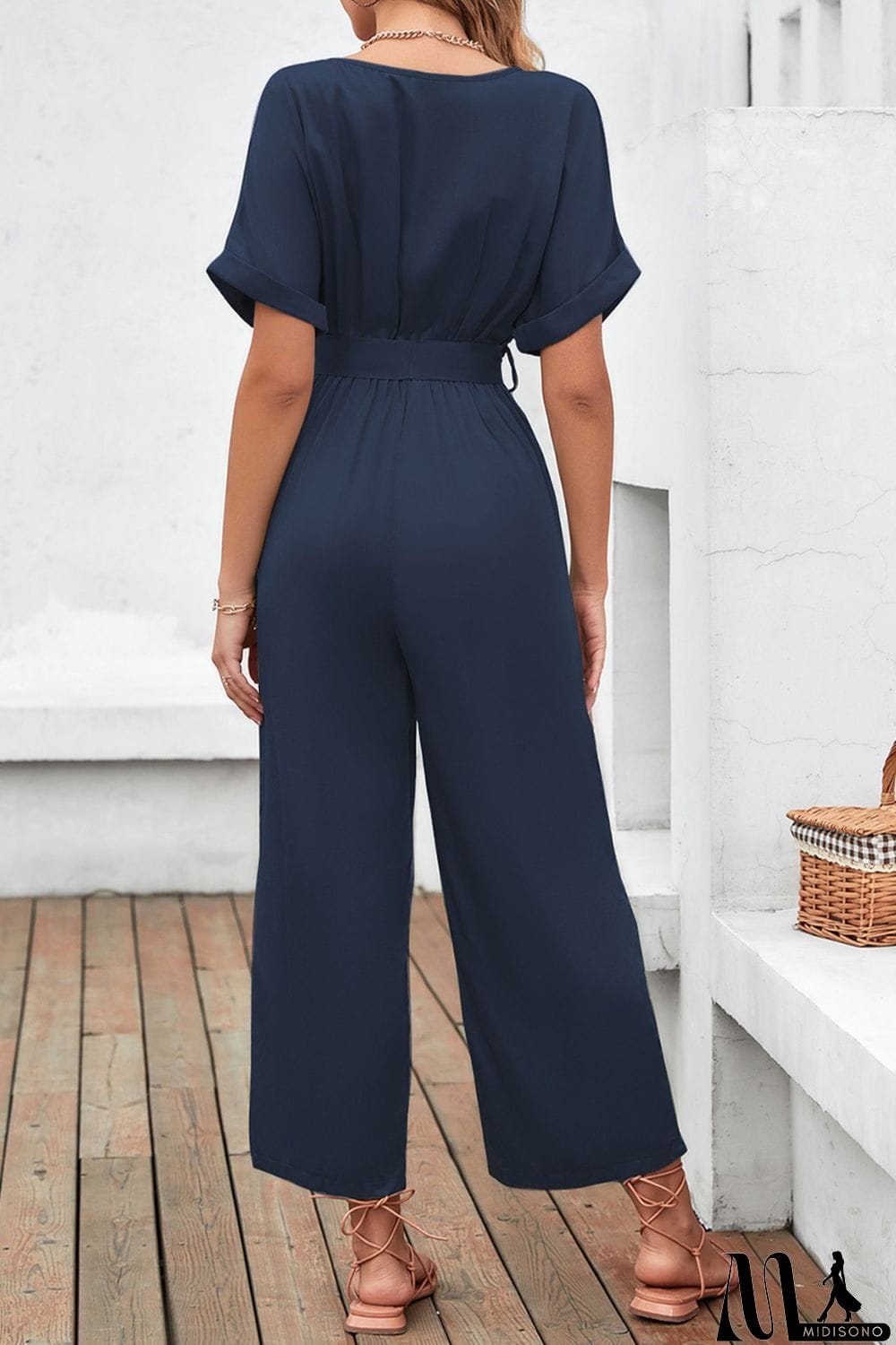 MidiSono - Tie Waist Surplice Wide Leg Jumpsuit