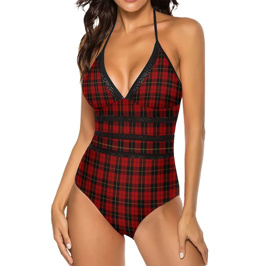 Scottish Clan Wallace Tartan Halter One Piece Tie Back Monokini Backless Swimsuits Bathing Suit