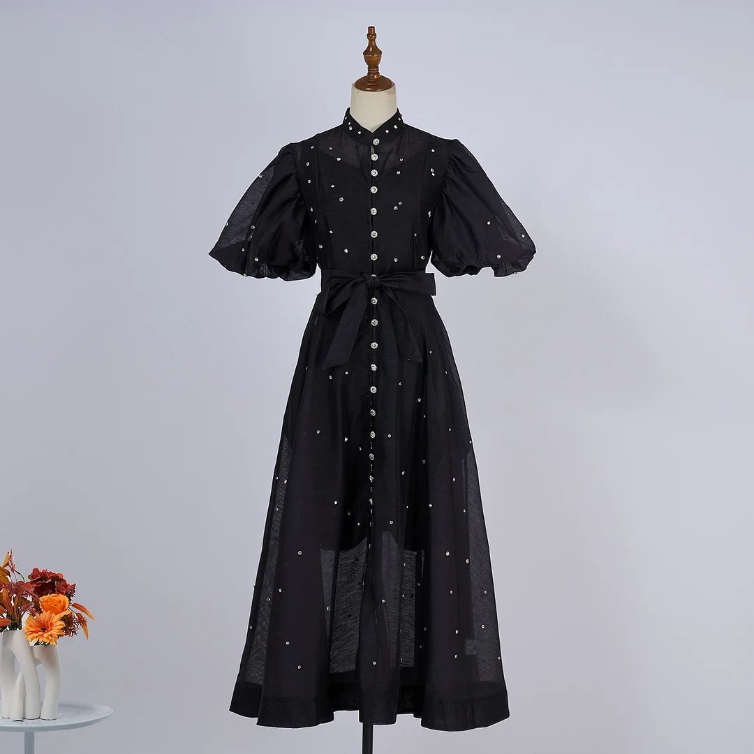 Nigikala Nigikala Court Style High Design Feeling Heavy Industry Nail Drill Short Sleeve Single Buckle Dress + Sling