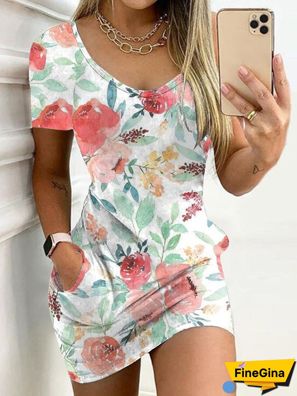 New Casual Floral Print Stitching Party Dress Sexy O Neck Slim Mini Office Dress Street Fashion Pocket Women Summer Beach Dress