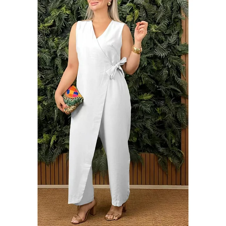 V-Neck Bindegürtel-Jumpsuit