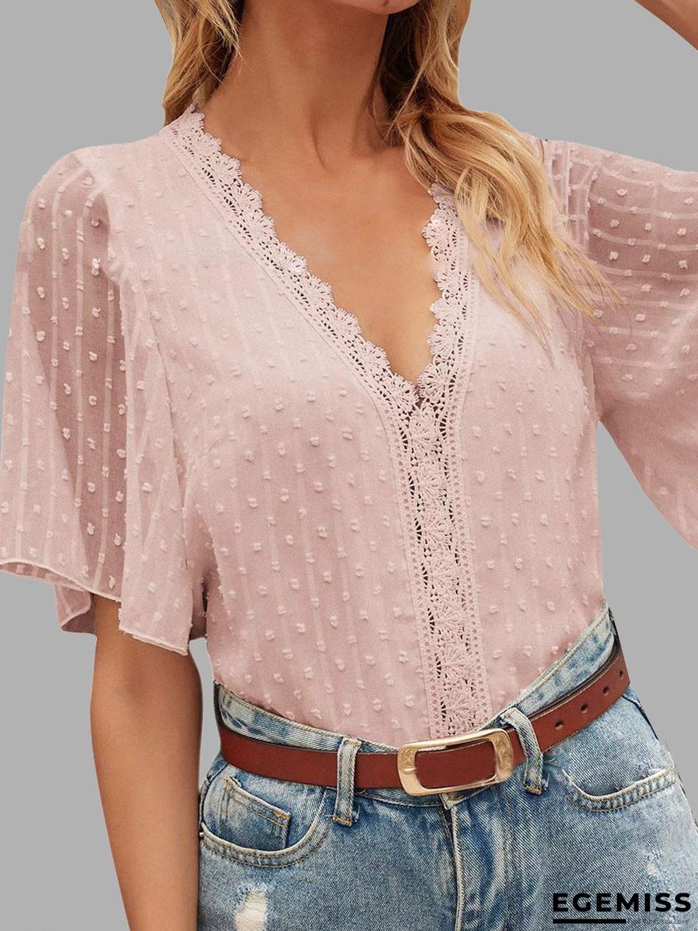 Casual Solid Color Lace V-Neck Short Sleeve Blouse | EGEMISS