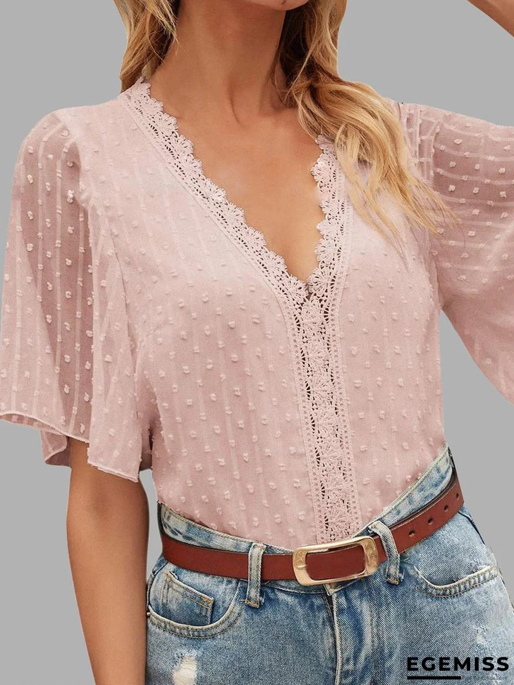 Casual Solid Color Lace V-Neck Short Sleeve Blouse | EGEMISS