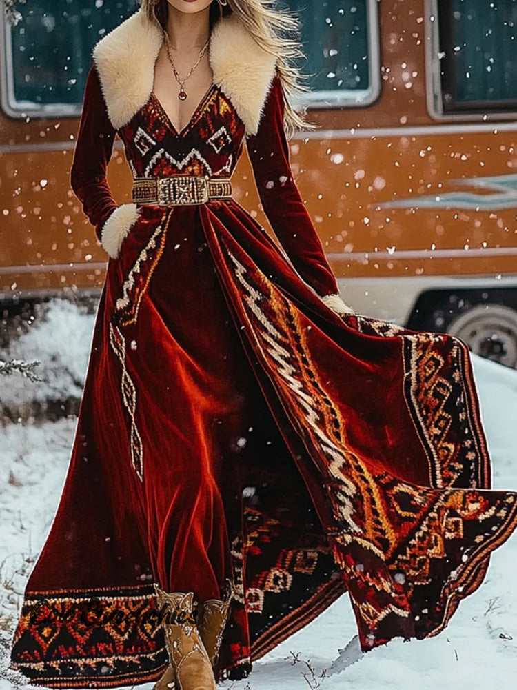 Western Velvet Vintage Ethnic Aztec Print Plush Autumn And Winter Dress Without Belt Multicolor / S