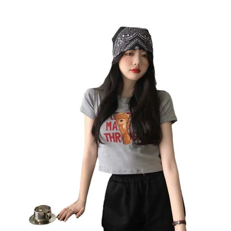 Uveng Uveng 2023 New Korean Letter Bear Print Short-Sleeved T-Shirt Women Slim Short Top Women's Wear