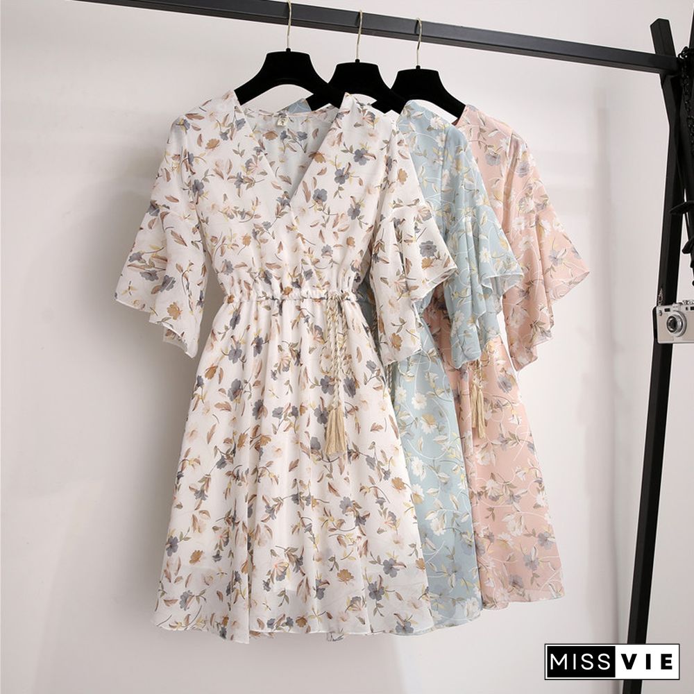 Spring Summer Chiffon Dress Women Knee Length V-Neck Print Dresses Sweet Ruffle Sleeeve Slim New Casual Drawstring Women Dress