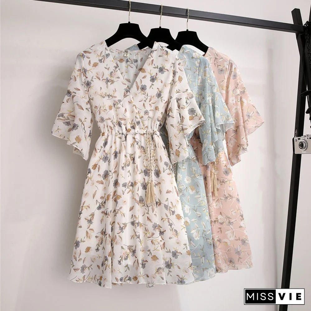 Spring Summer Chiffon Dress Women Knee Length V-Neck Print Dresses Sweet Ruffle Sleeeve Slim New Casual Drawstring Women Dress