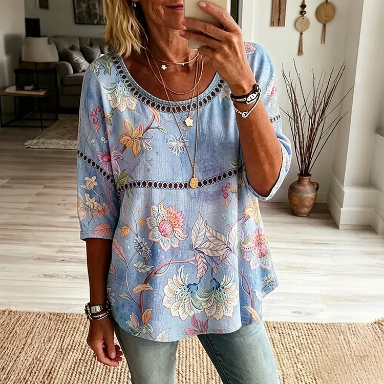 Women's Vintage Floral Art Print Flowy Linen Blend Linen Blend Three-quarter Sleeve Casual Tops