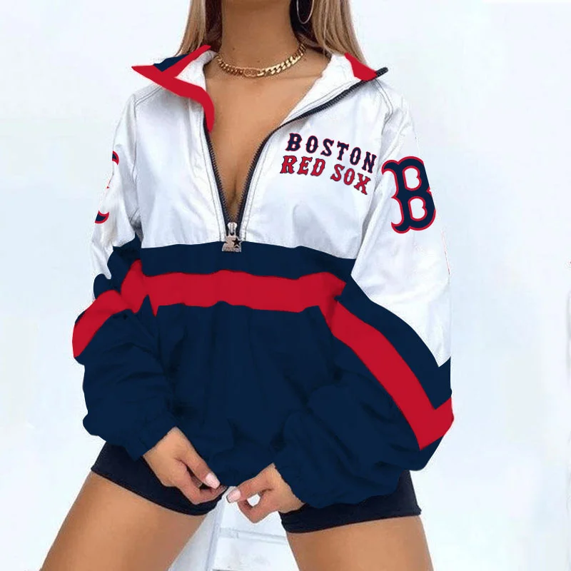 Women's Support Boston Red Sox Jackets Baseball Print V Neck Zipper Sweatshirt Jacket