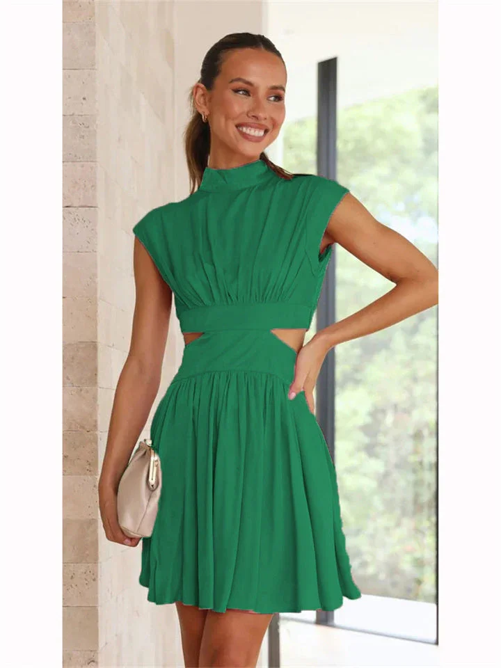 Solid Color Hollow Stand Collar Sweet Wind Summer Models Short Skirt Waist Stand Collar Waist Short Dress