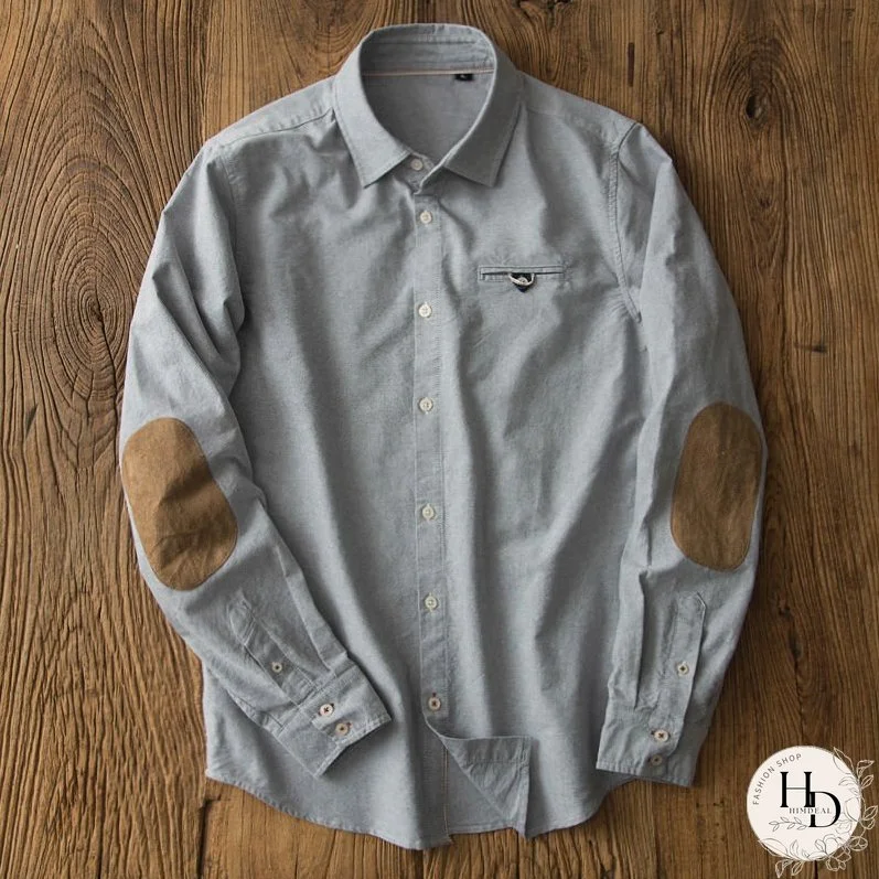 Elbow Patch Long Sleeve Shirt Men's Lapel Retro