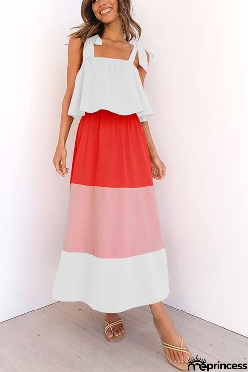 Color Block Bow Slip Maxi Dress