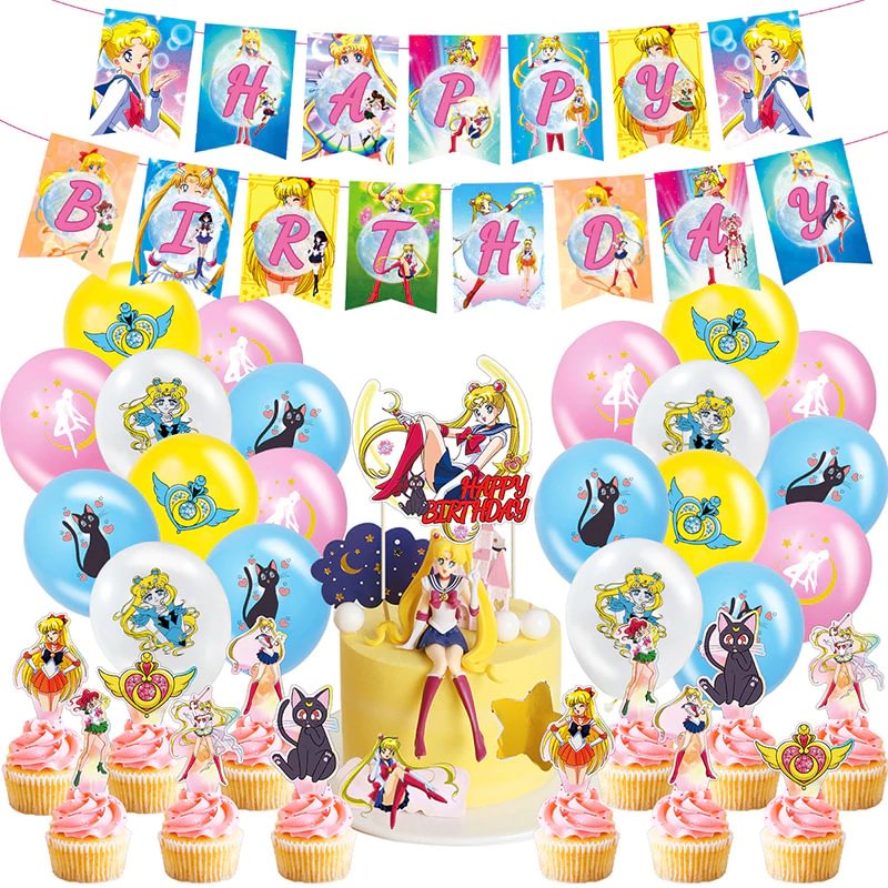 Sailor Moon Birthday Party Supplies Girls Decoration Kit Banner Cake Toppers Balloons