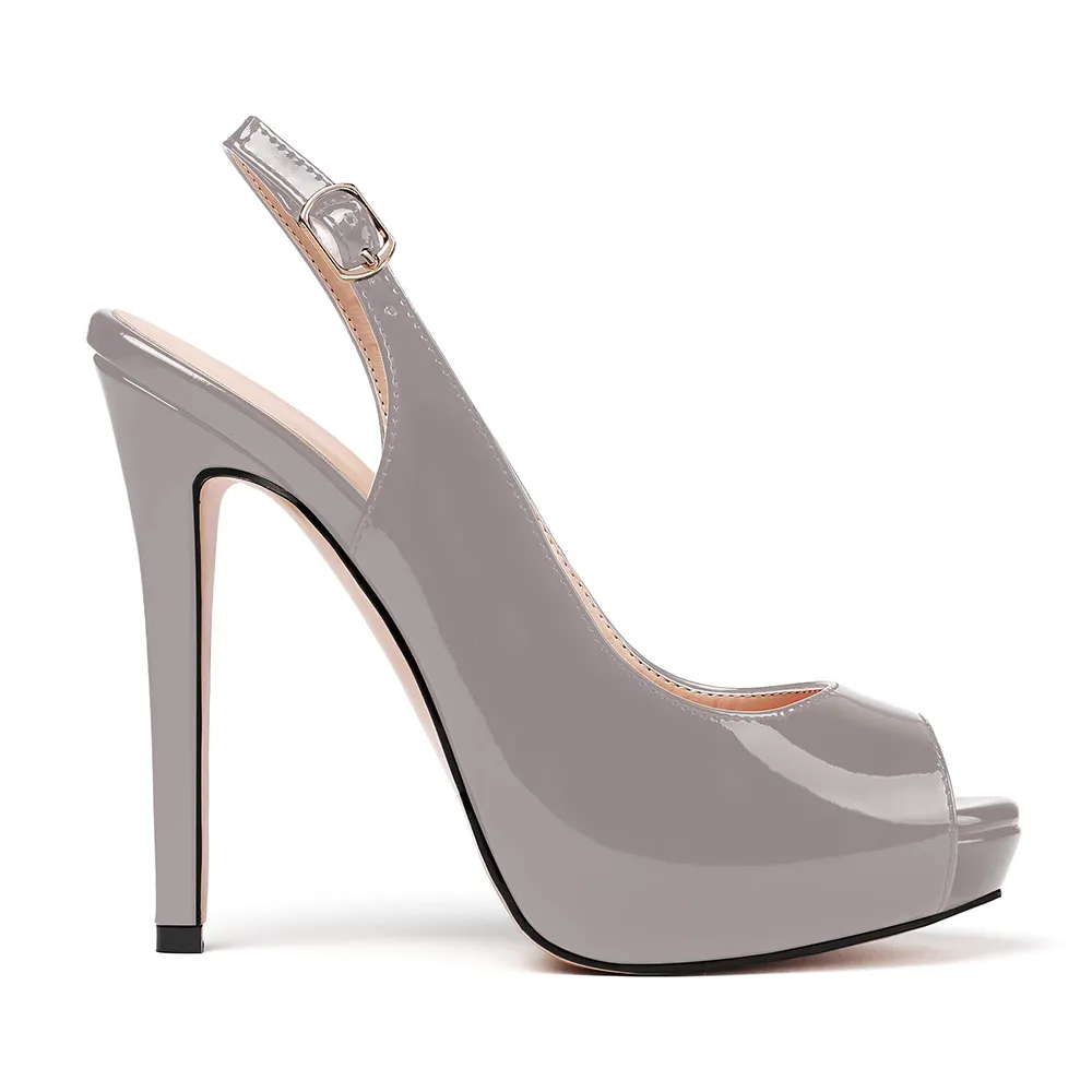 120mm Strap Slingback Sandals Peep Toe Platform Stilettos Grey Patent Heels-vocosishoes