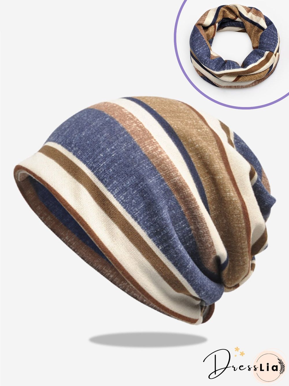 Hat Scarf Dual Purpose Retro Casual Striped Pattern Knit Warm/Windproof