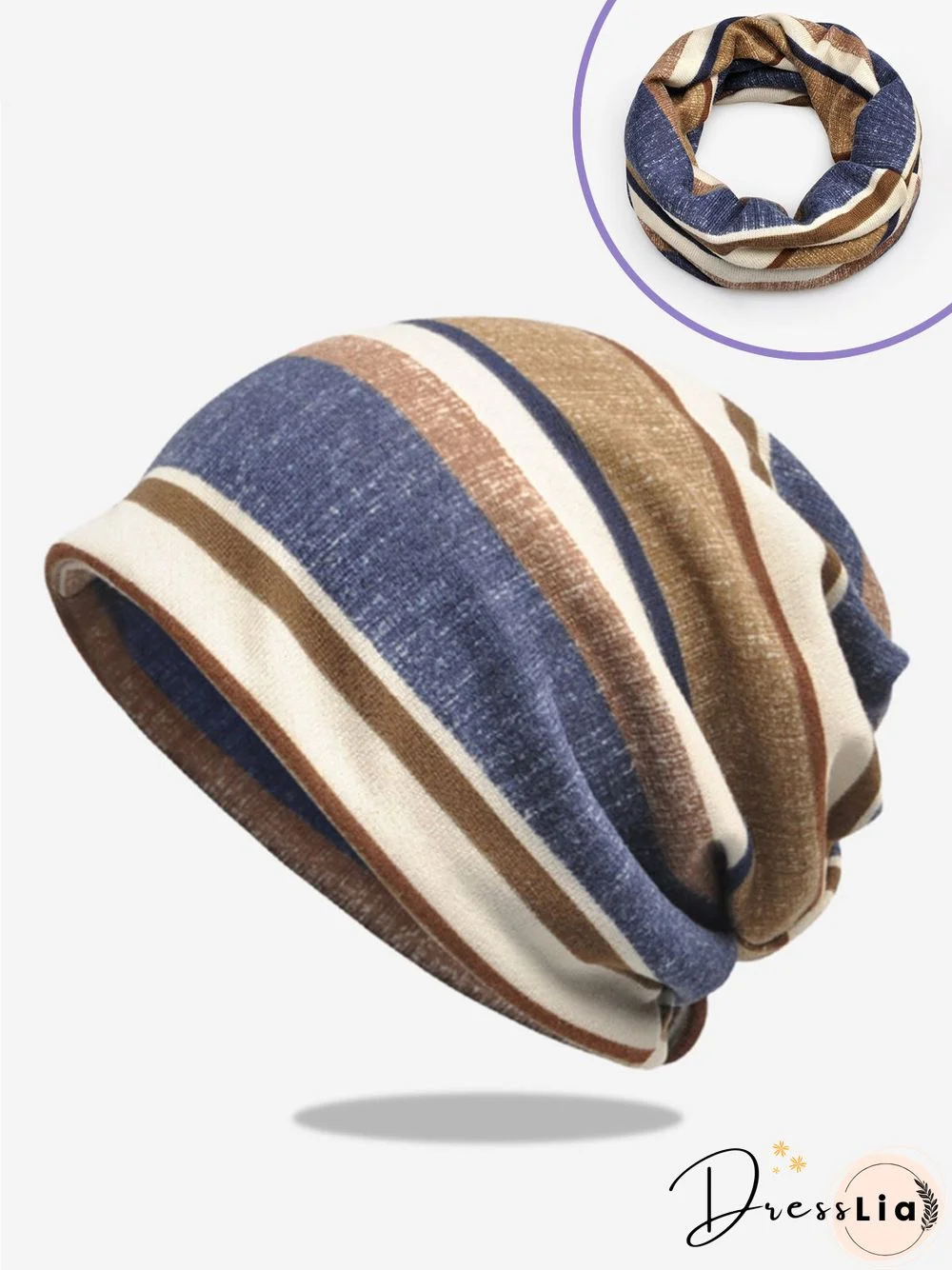 Hat Scarf Dual Purpose Retro Casual Striped Pattern Knit Warm/Windproof