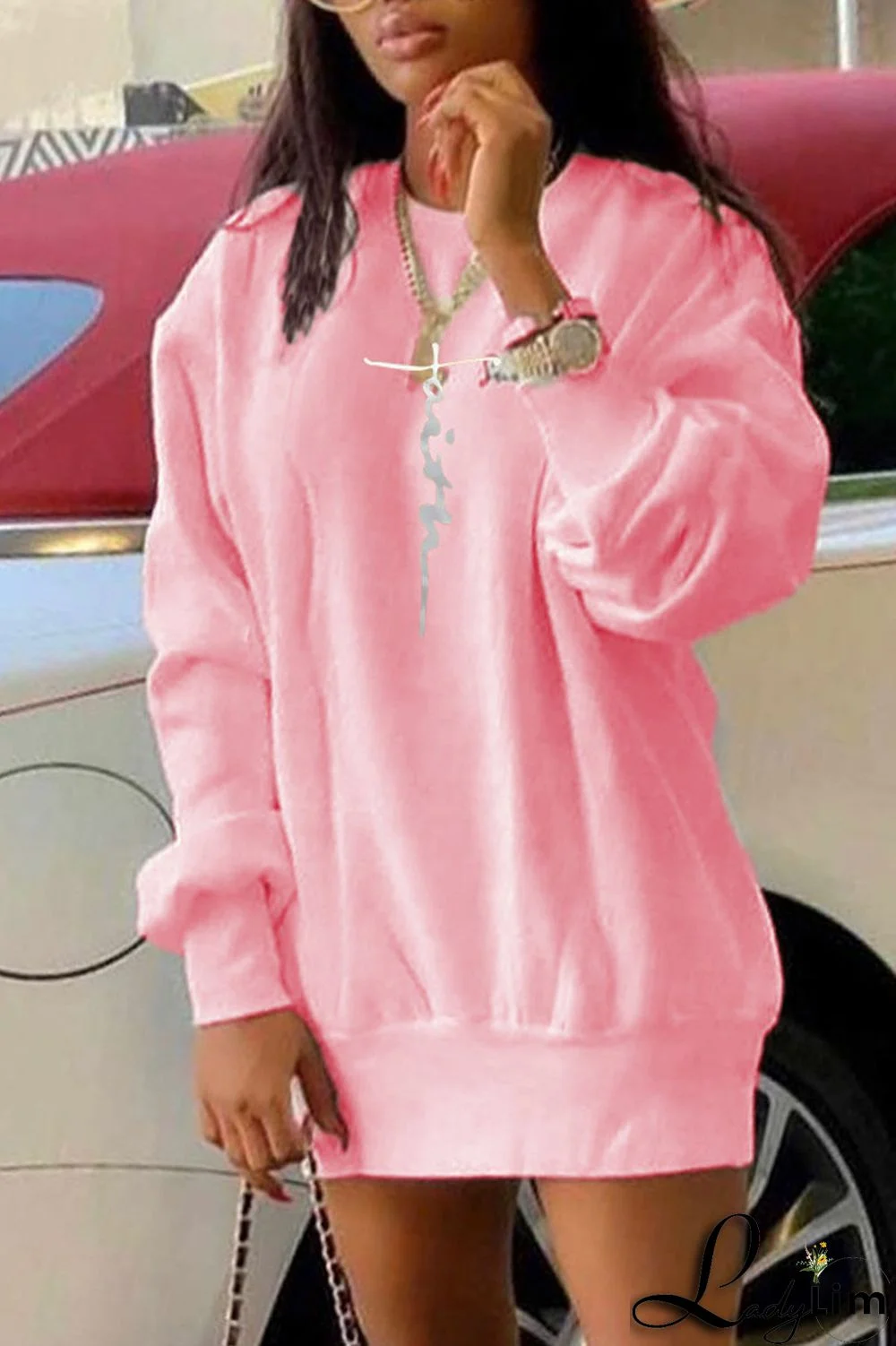 Pink Casual Print Split Joint O Neck Tops