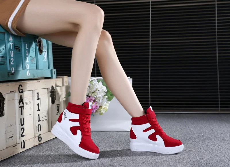 NEW Thick Platform Sneakers Casual Lace-Up Wedges High Heel Womens Sport Shoes Outdoor Black Red Platform Vulcanize Shoes Women