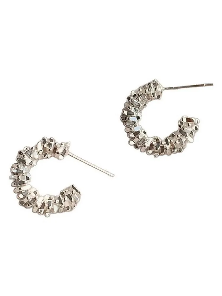 Textured Silver Hoop Earrings with C - Shape Design