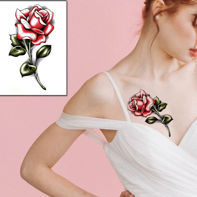 Beautiful Rose Flowers Body Art Neck Abdomen Waterproof Fake Tattoo Sexy for Woman Men Flash Temporary Small Size Tattoo Sticker