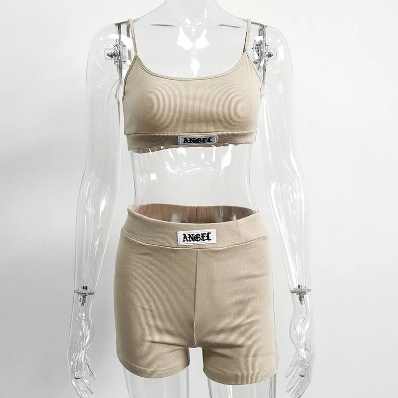 Summer Ribber Women Set White Spaghetti Strap Crop Top And Mini Biker Shorts Embroidery Two Piece Sets Sexy Outfit Party