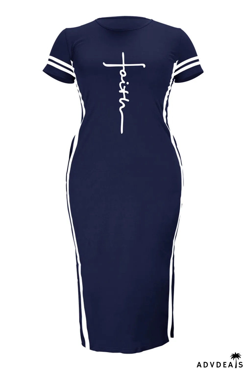 Tibetan Blue Fashion Casual Plus Size Print Slit O Neck Short Sleeve Dress