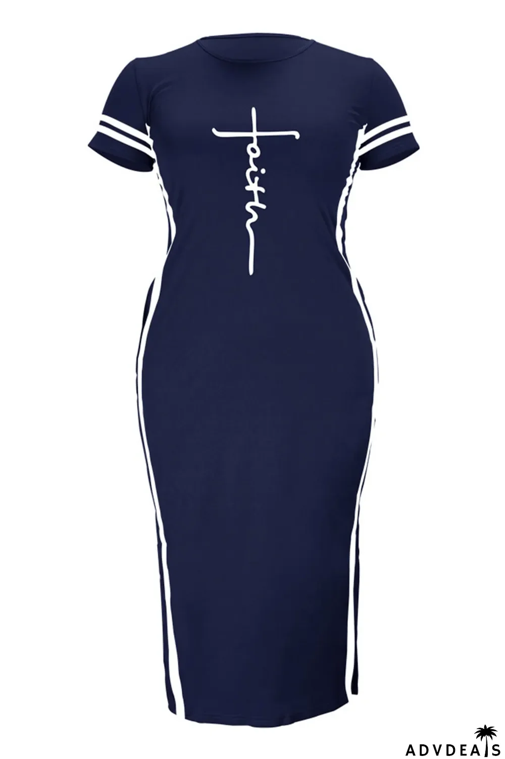 Tibetan Blue Fashion Casual Plus Size Print Slit O Neck Short Sleeve Dress