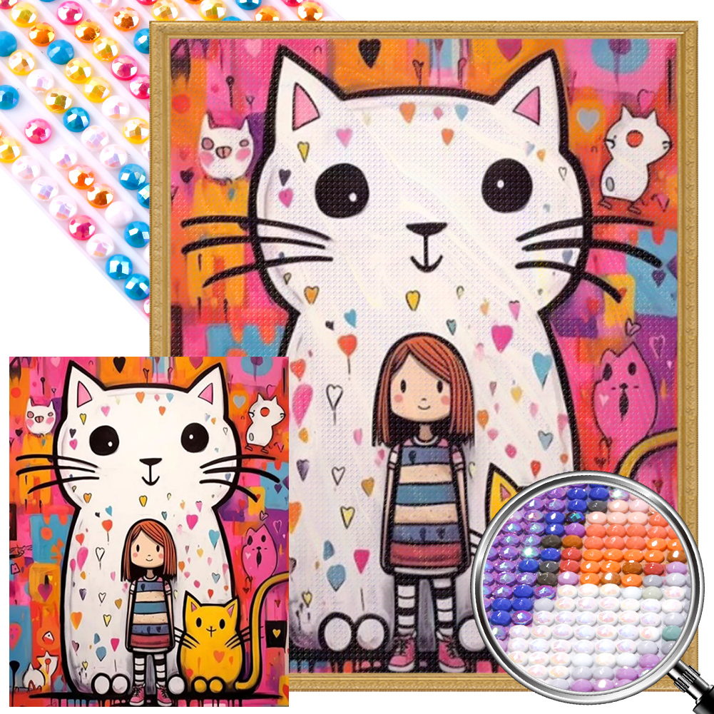 Cat And Girl 40*50cm(picture) full round drill diamond painting with 3 to 5 colors of AB drills
