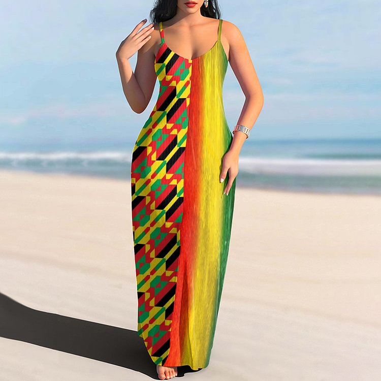 Vefave Suspender Black Pride Colorblock Print Maxi Dress