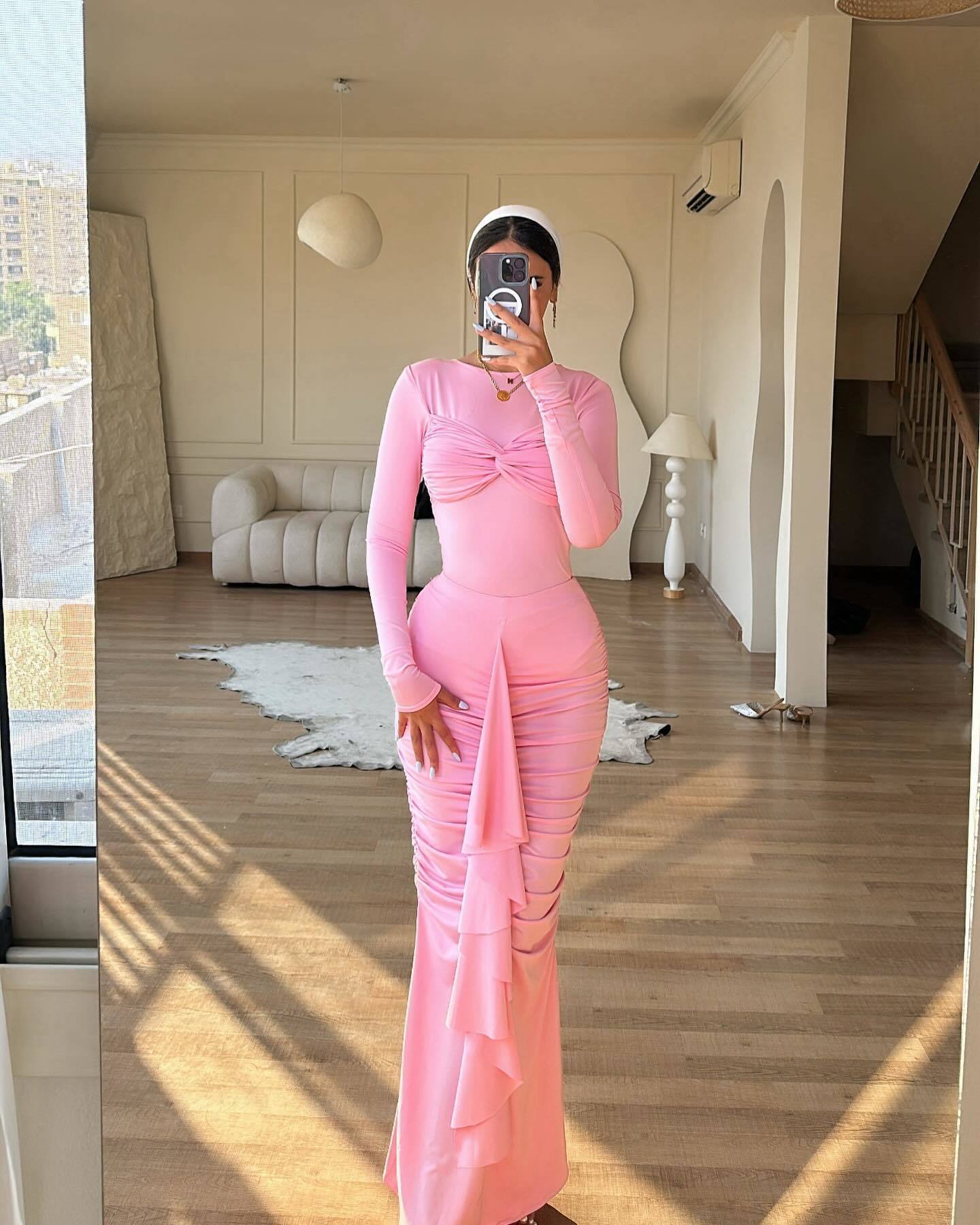 Ootddress Elegant Long Sleeved Elastic Tight Pleated Party Club Evening Dress Women Fashion Maxi Vestido Autumn Winter New Female